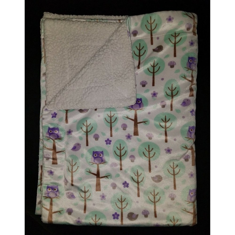 RN 119741 Purple OWLS Fleece Security Blanket Lovey Bird Brown Trees Green White